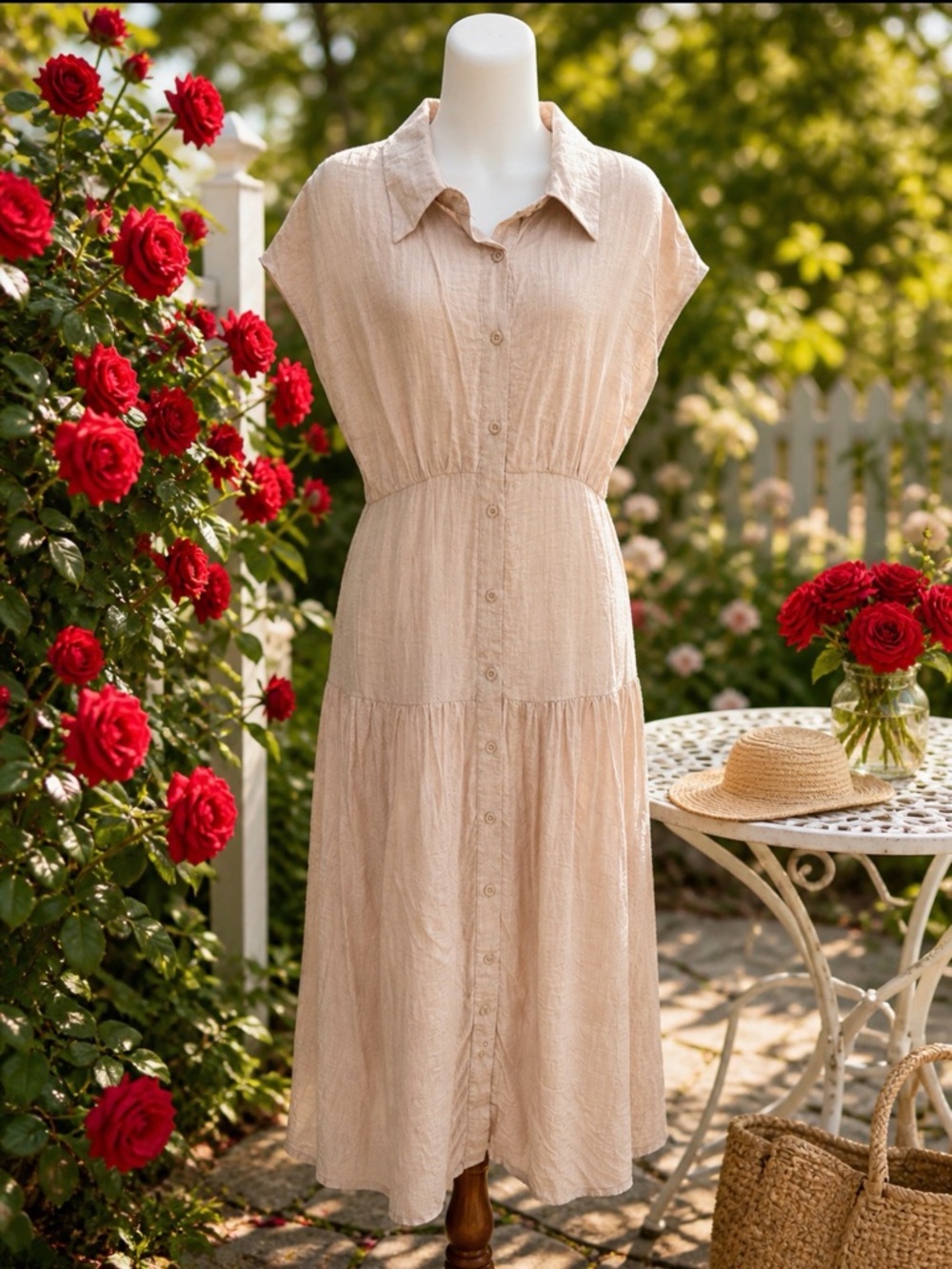 Women's Cream Button-Front tired Maxi Dress with Collar and Cap Sleeves size L